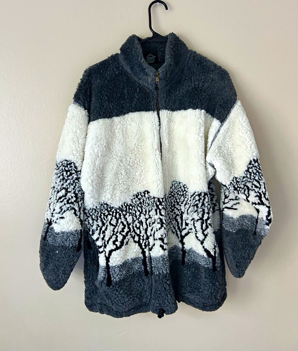 Vintage 90s Ezze Wear Sherpa Fleece Jacket Tree Landscape Nature Full Zip L